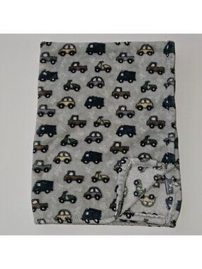 Adirondack Baby Blanket Fleece 28x38 Gray Vehicles Cars Trucks Blue Yellow Green